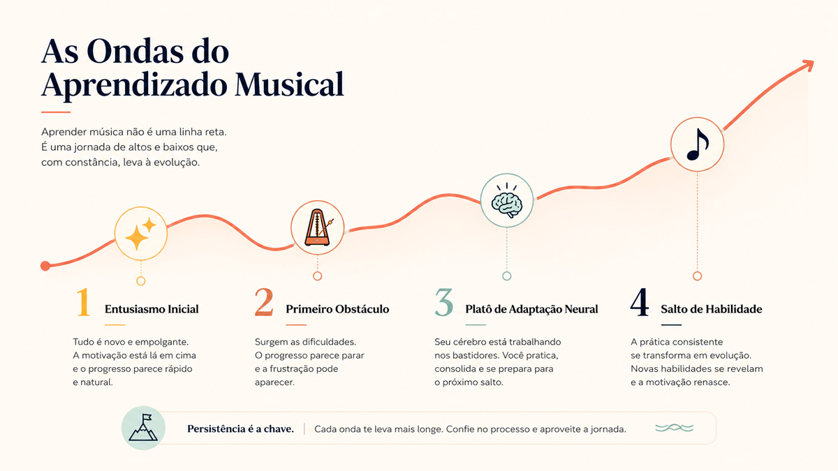 Infográfico ilustrando as ondas do aprendizado musical: entusiasmo inicial, superação de platôs e saltos de evolução prática